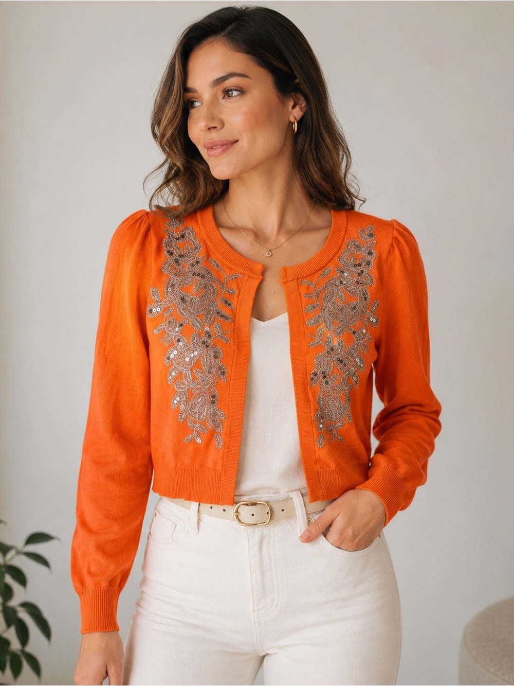 INC International Concepts Orange Embroidered Sequin Cardigan M Fall Holiday